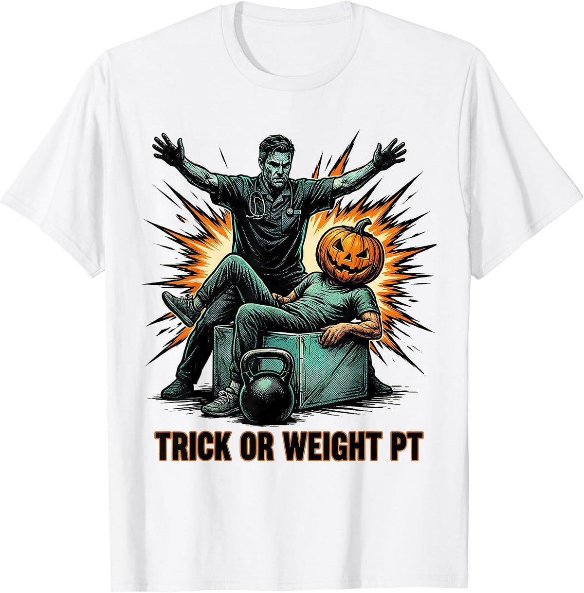 Men's Trick Or Weight PT Comic Ghost Physical Therapy Halloween T-Shirt - White