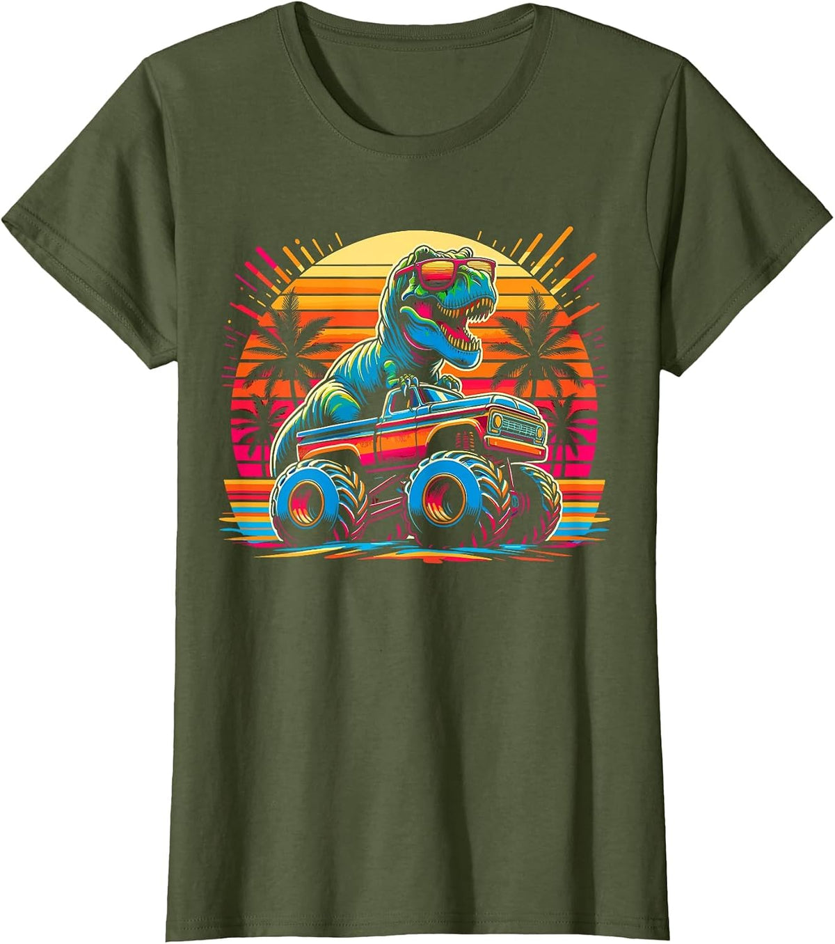 Monster Truck Summer Dinosaur Monster Truck T-Shirt - Olive Green