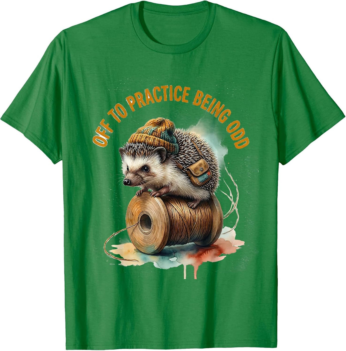 Men's Off To Practice Being Odd Whimsical Hedgehog Meme Humor T-Shirt - Kelly Green