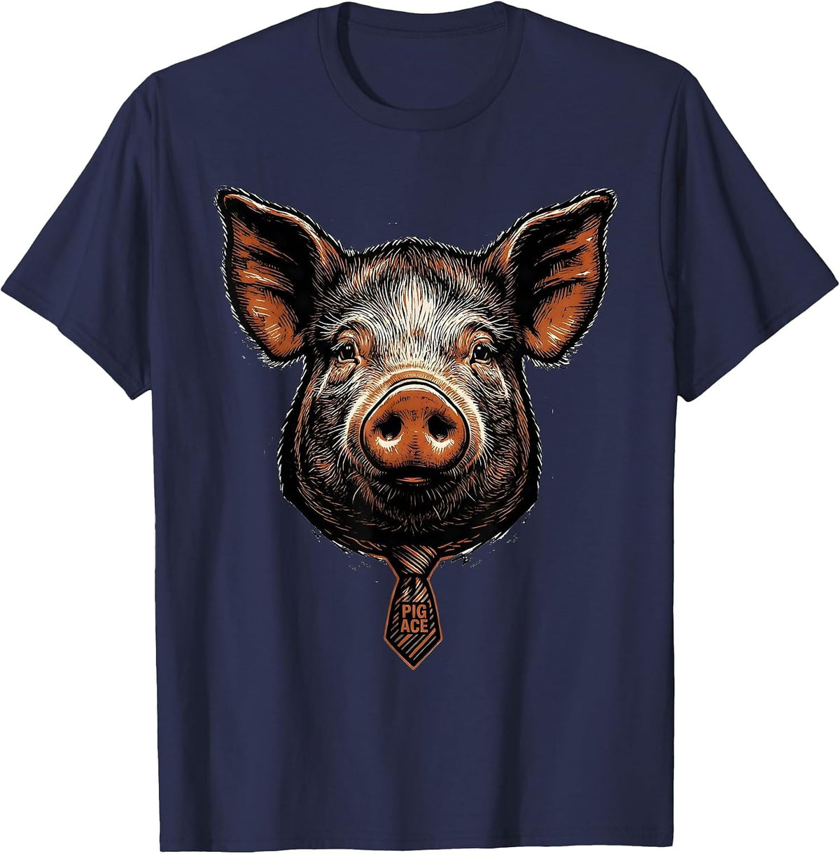 Pig Ace Funny Farm Animal Linocut Graphic Humor T-Shirt - Navy Blue