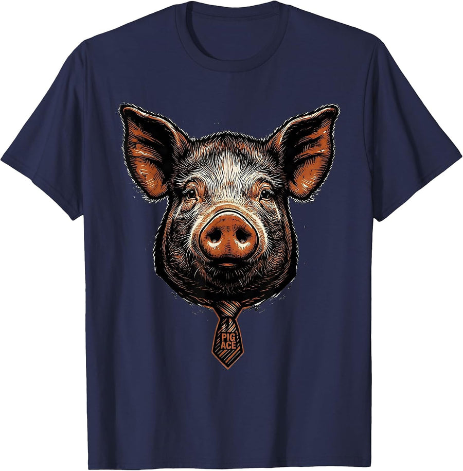 Pig Ace Funny Farm Animal Linocut Graphic Humor T-Shirt - Navy Blue