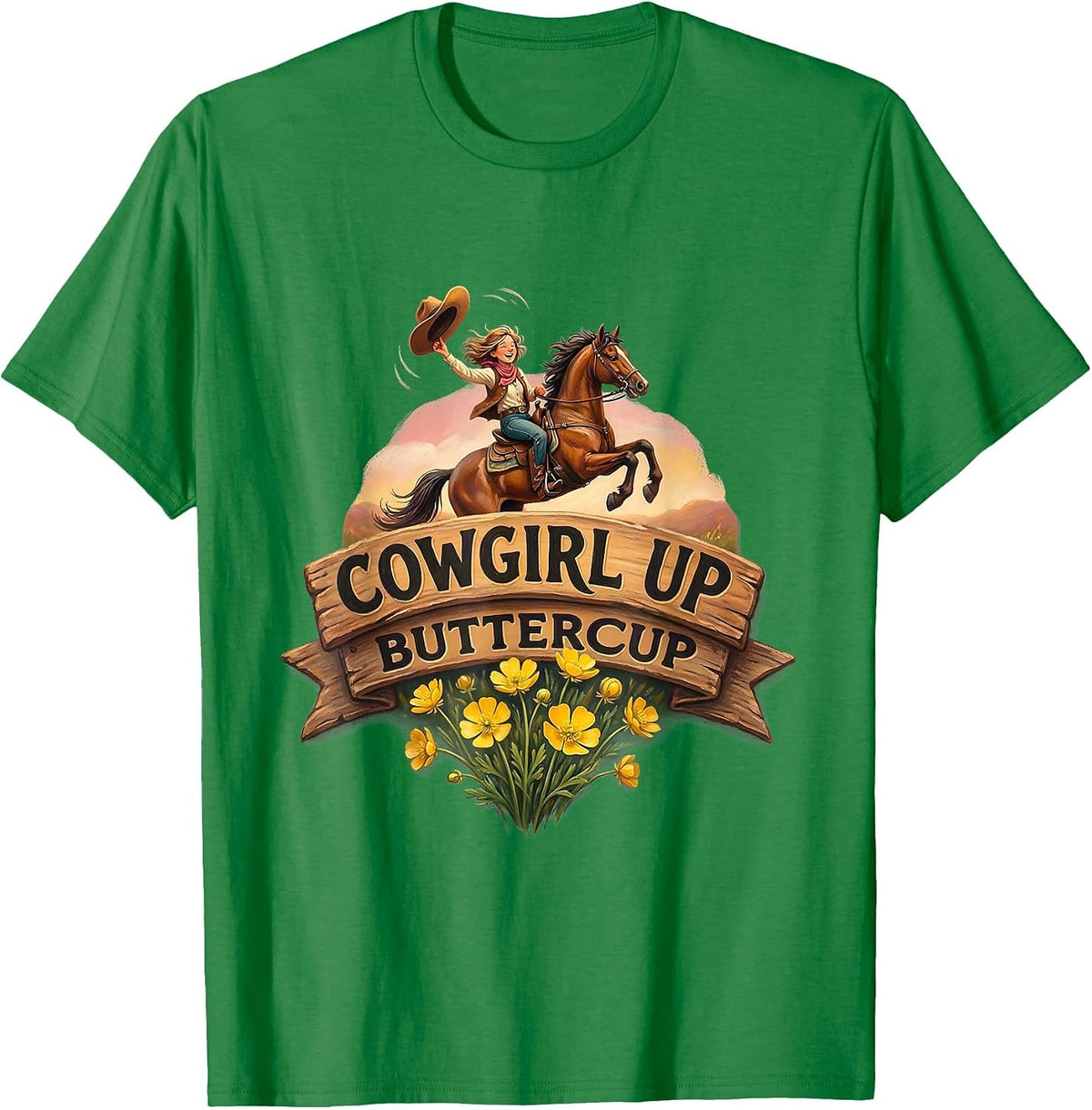 Men's Cowgirl Up Buttercup Rodeo Graphic Design T-Shirt - Kelly Green