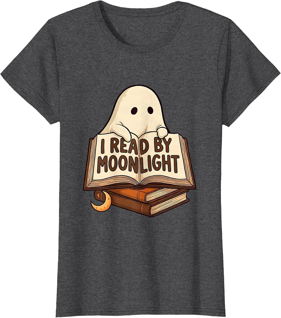 Women's I Read By Moonlight Cottagecore Bookish Ghost Halloween T-Shirt - Dark Heather Grey