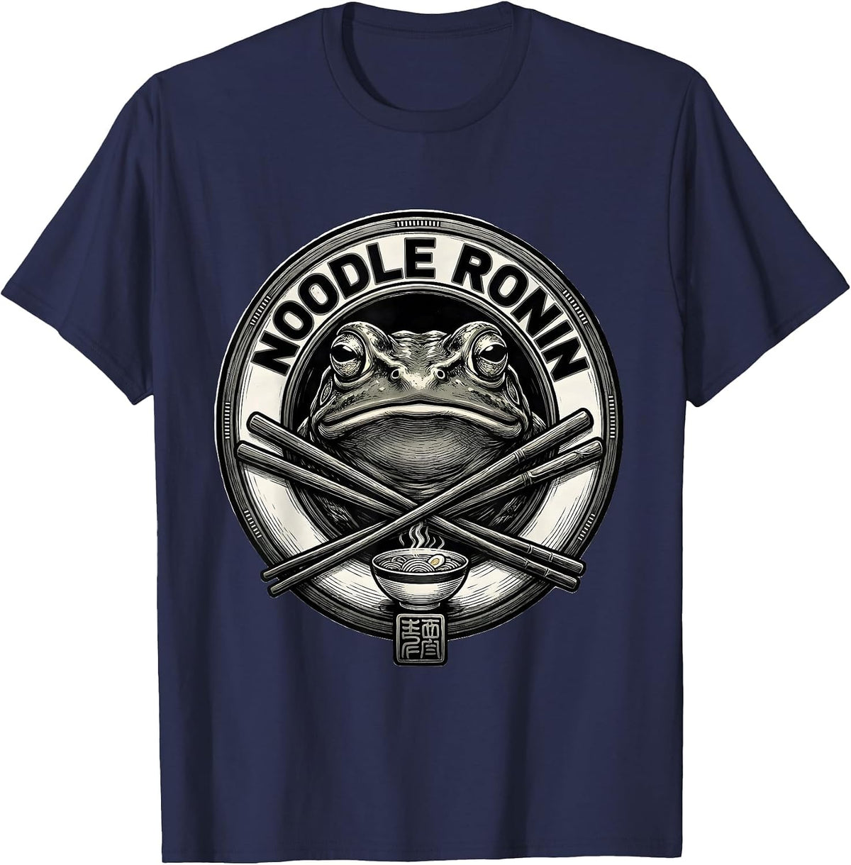 Men's Noodle Ronin Funny Grumpy Frog Japanese Art Ramen Humor T-Shirt - Navy Blue