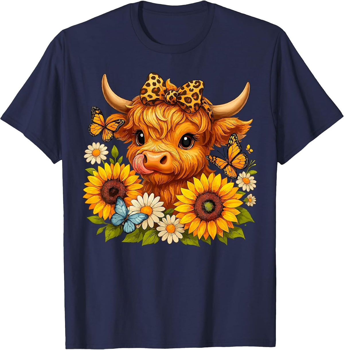 Sunflower Highland Cow Scottish Cattle T-Shirt - Navy Blue