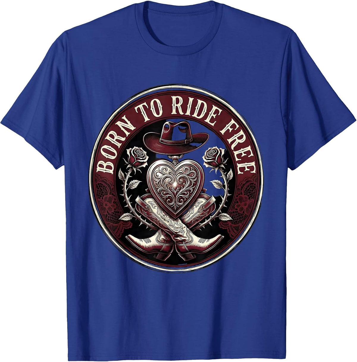 Men's Born to Ride Free Rodeo Cowgirl Design T-Shirt - Royal Blue