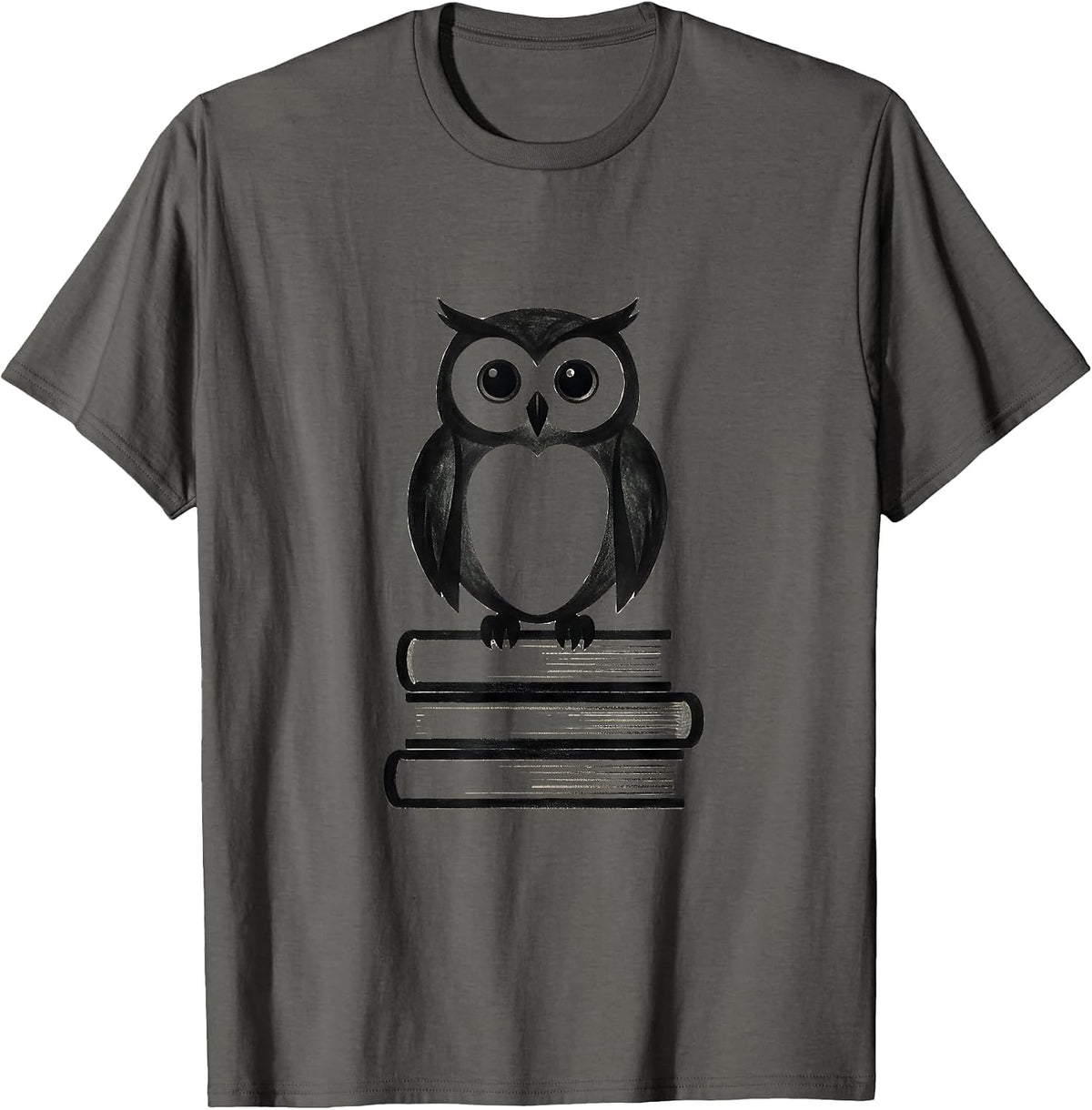 Owl Perched on Stack of Books Illustration T-Shirt - Asphalt Grey