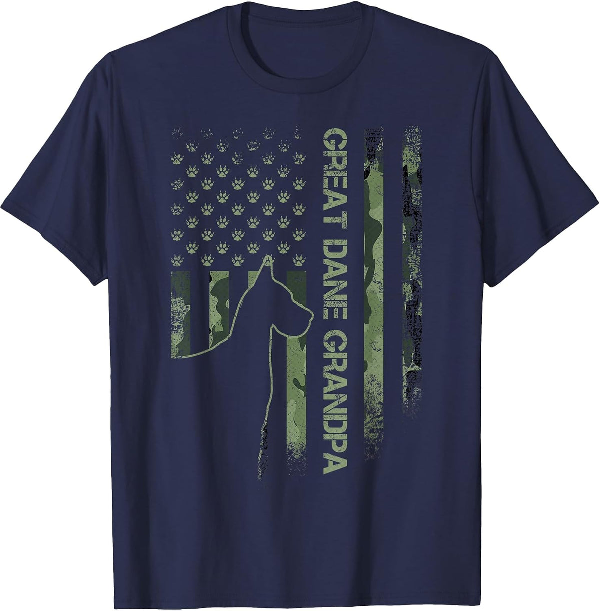 Vintage USA Camo Flag Proud Great Dane Grandpa Silhouette T-Shirt - Navy Blue