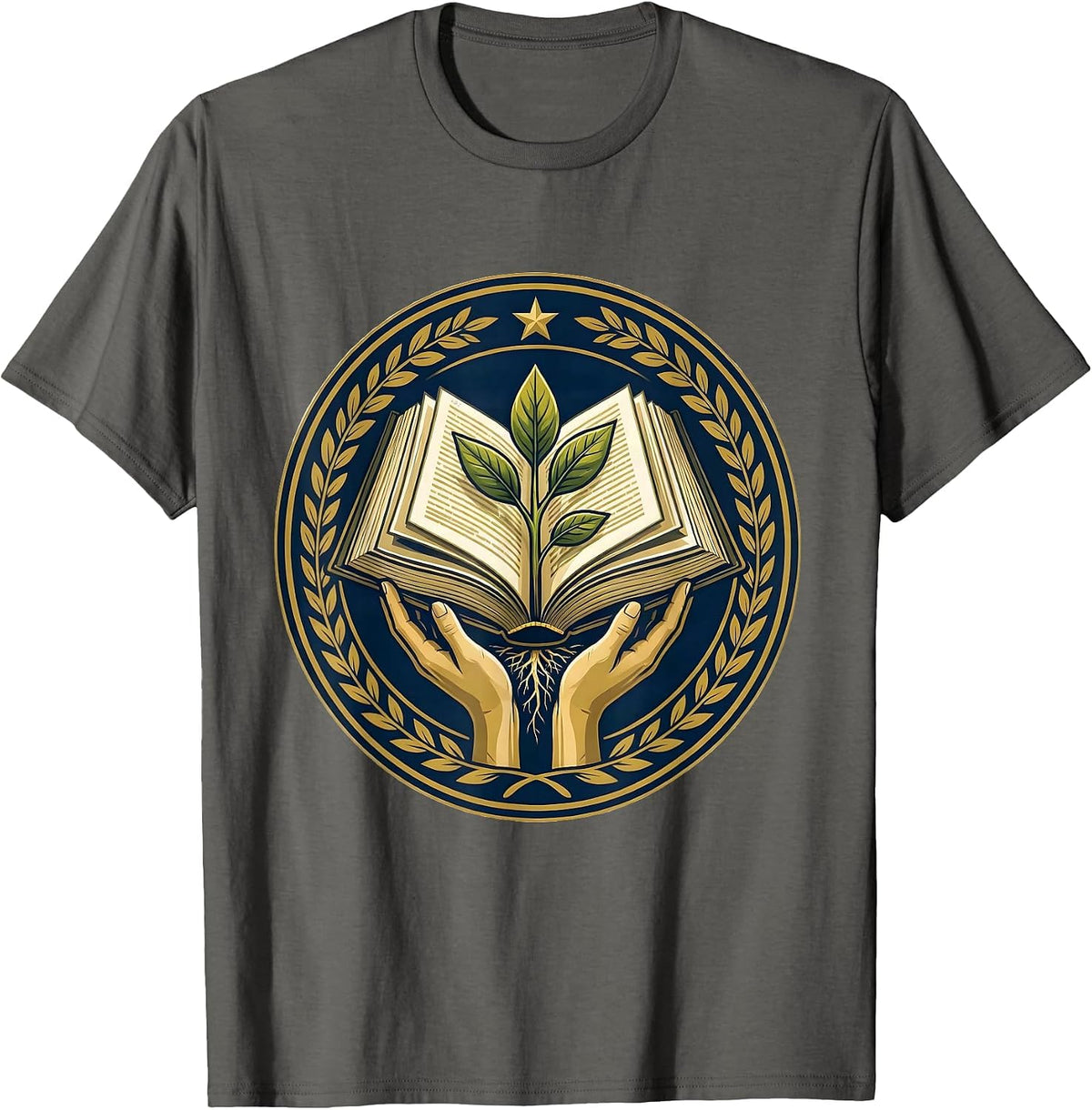 Sped Teacher Hands Planting Seedling in Textbook T-Shirt - Asphalt Grey