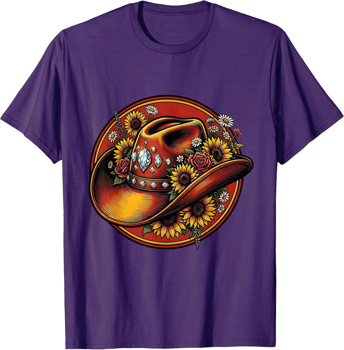 Rhinestone Cowgirl Hat Wildflowers Rodeo Graphic T-Shirt - Purple