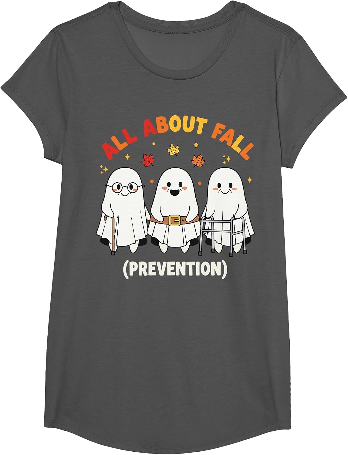 Fall Prevention Funny Ghost Autumn Halloween Joke T-Shirt - Girls Asphalt Grey
