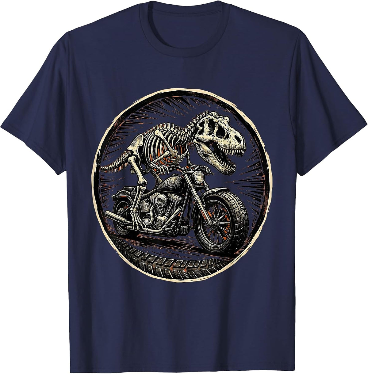 Men's T-Rex Skeleton Riding Motorcycle Dinosaur T-Shirt - Navy Blue