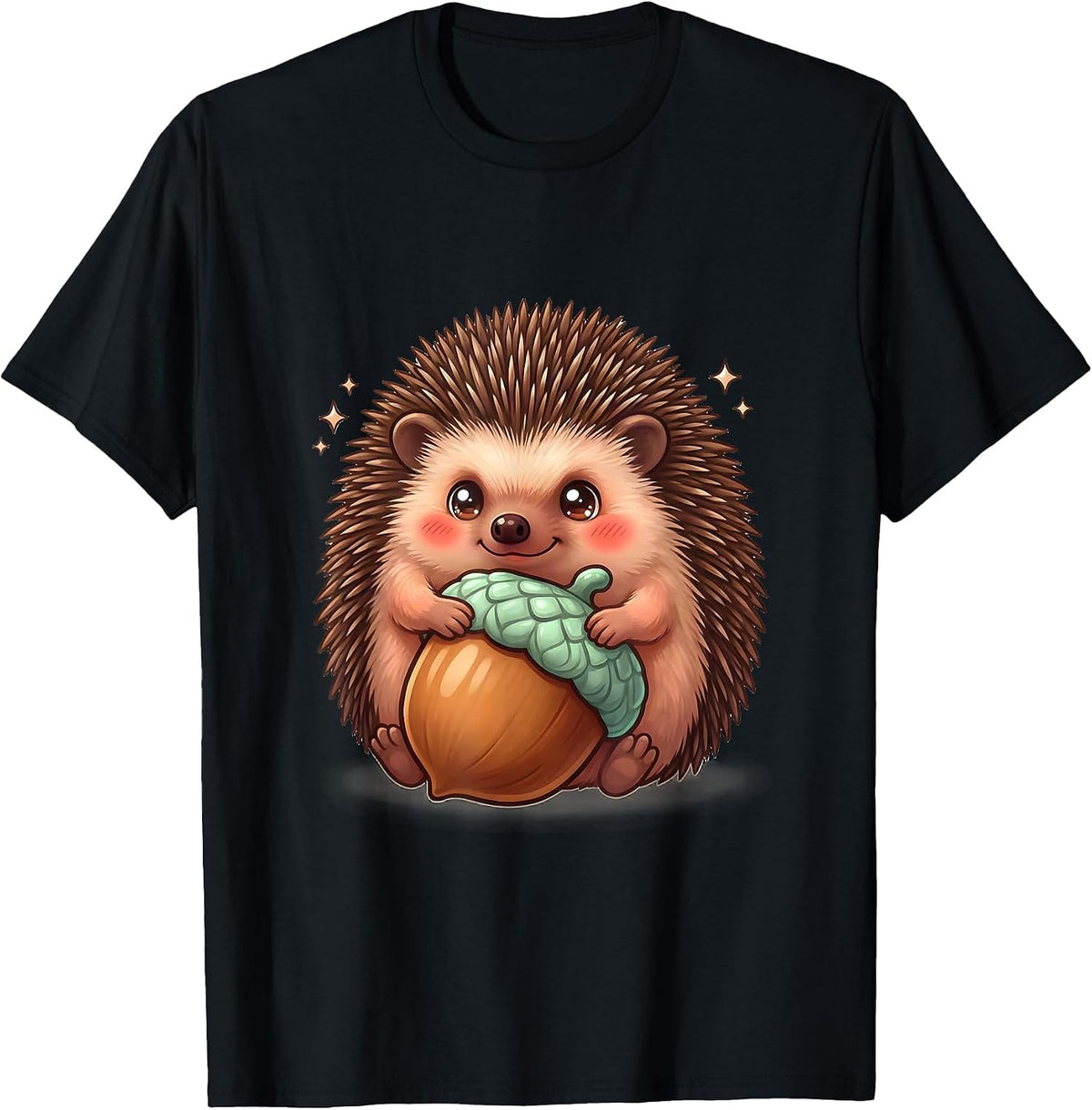 Men's Round Hedgehog Hugging Acorn Cute Kawaii Animal Lover Gift T-Shirt - Black