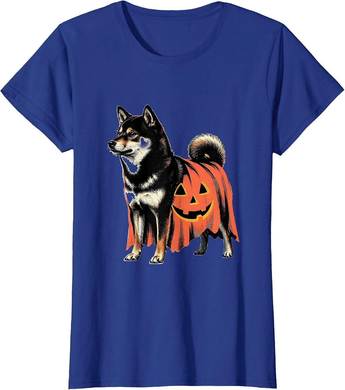 Women's Shiba Inu Ghost Pumpkin Midcentury Modern Halloween T-Shirt - Royal Blue