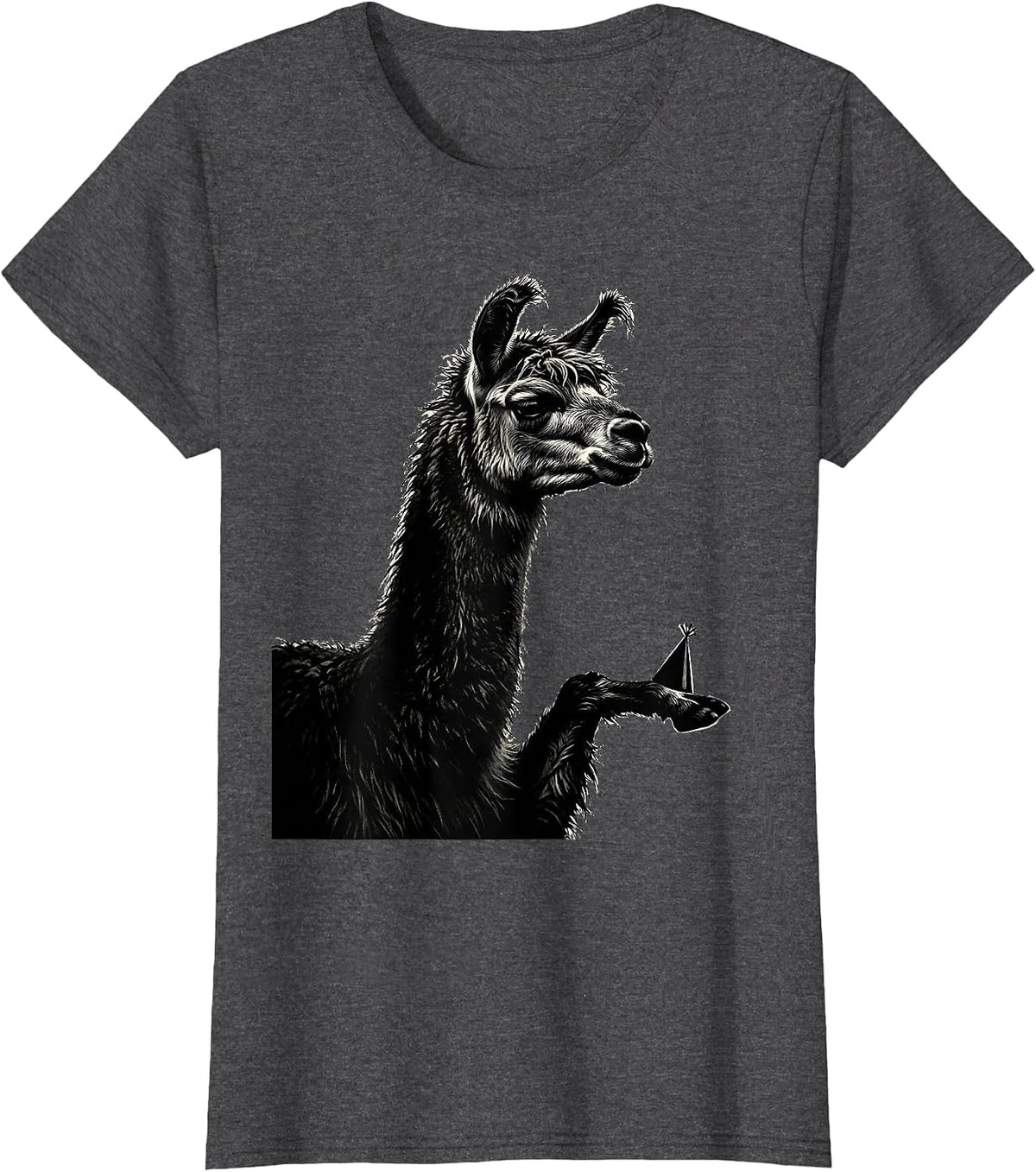 Women's Llama Balancing Party Hat Funny Alpaca Lover Humor T-Shirt - Dark Heather Grey
