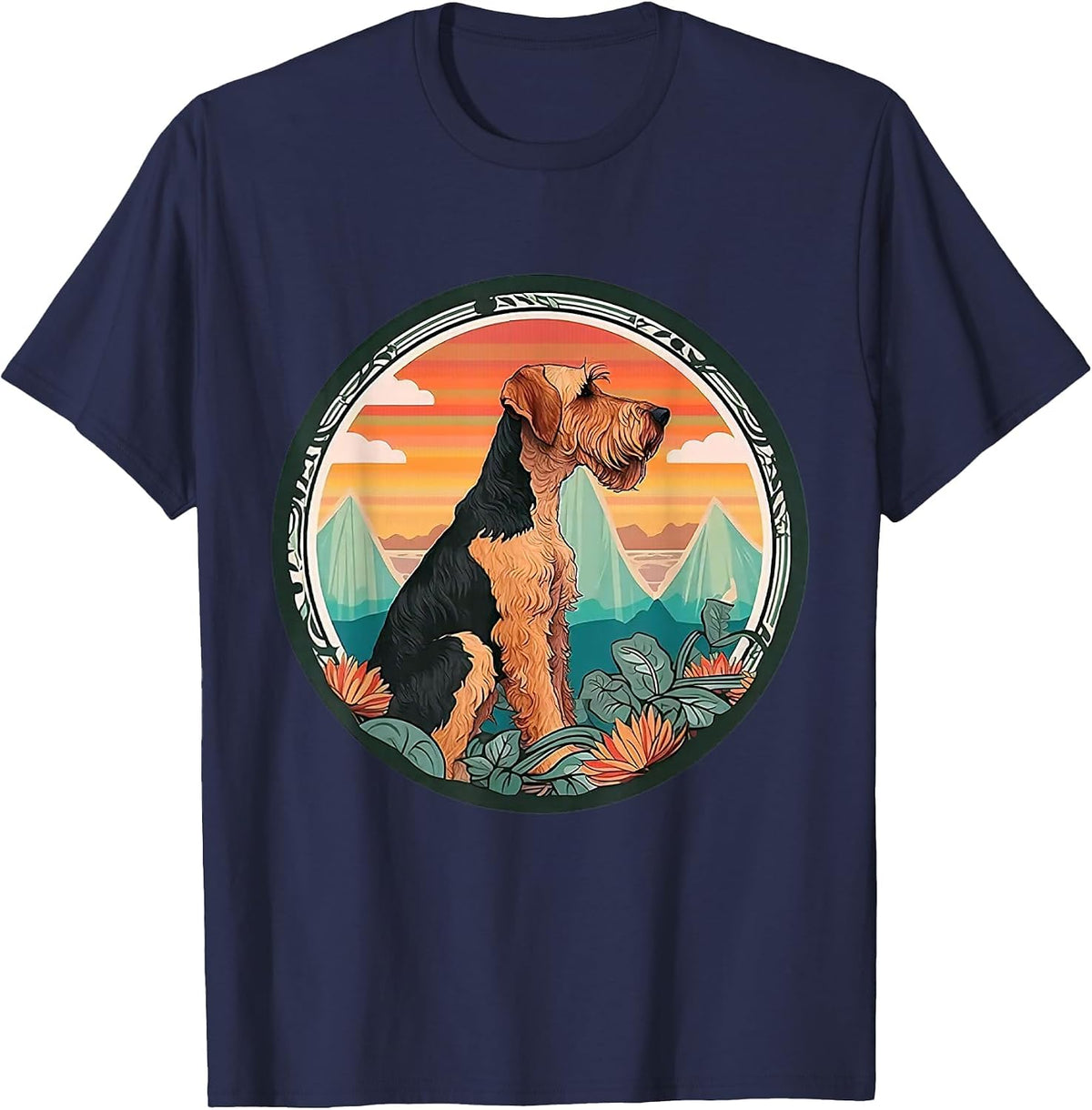 Airedale Terrier Dog Art Deco Aesthetic Men Women Kids T-Shirt - Navy Blue