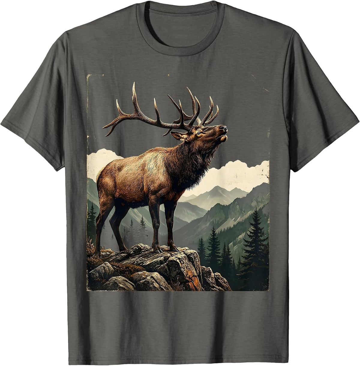 Men's Elk Bugling on Rocky Mountain Ridge T-Shirt - Asphalt Grey
