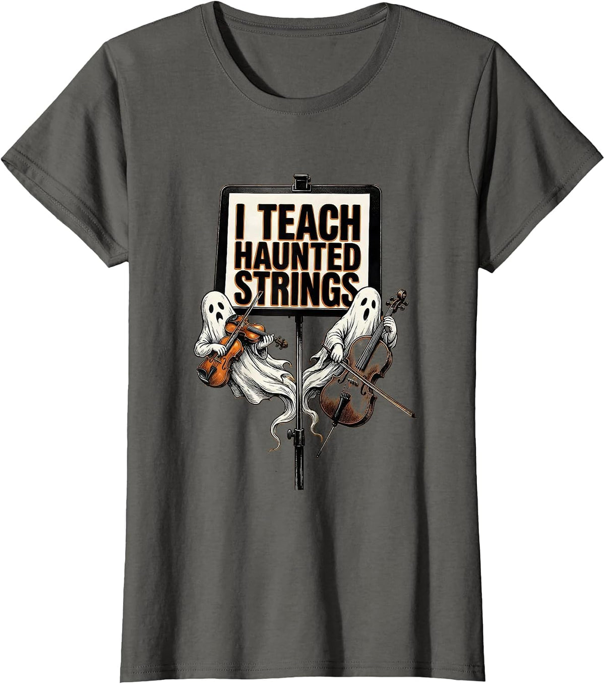 Women's I Teach Haunted Strings Funny Music Teacher Ghost Band T-Shirt - Asphalt Grey