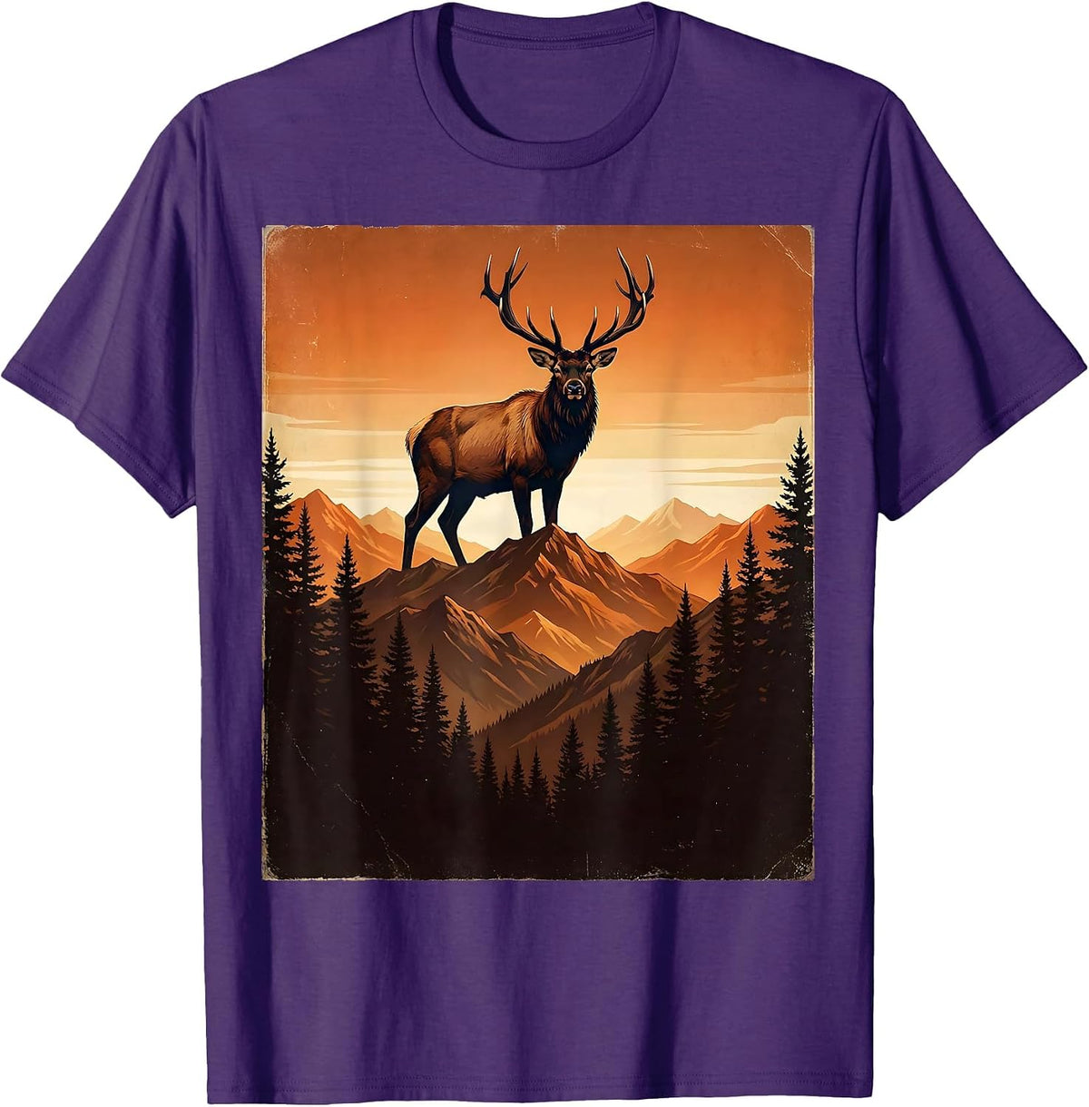 Elk Silhouette Mountain Sunset Nature Design T-Shirt - Purple
