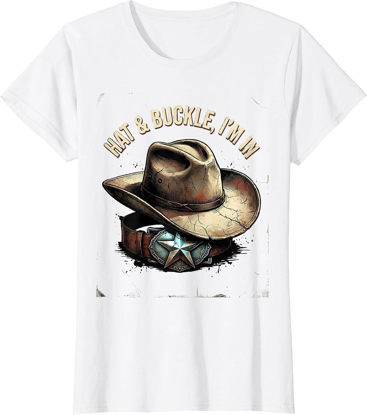 Women's Hat & Buckle I'm In Distressed Western Cowgirl Rodeo T-Shirt - White