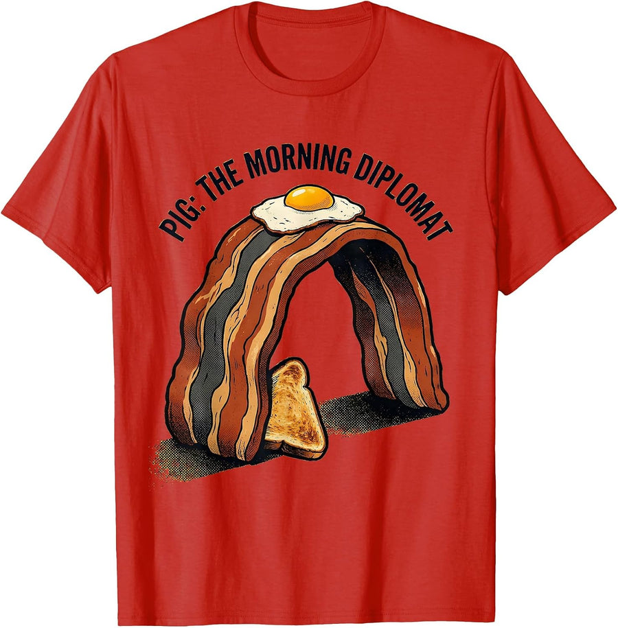 Men's Pig: The Morning Diplomat Funny Bacon Lover Breakfast Humor T-Shirt - Red