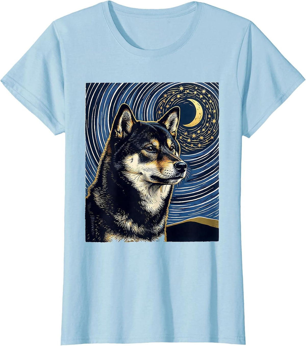 Shiba Inu Van Gogh Style Starry Night Portrait T-Shirt - Baby Blue