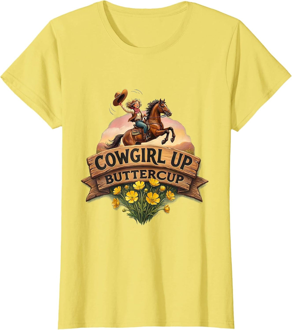Women's Cowgirl Up Buttercup Rodeo Graphic Design T-Shirt - Lemon Yellow