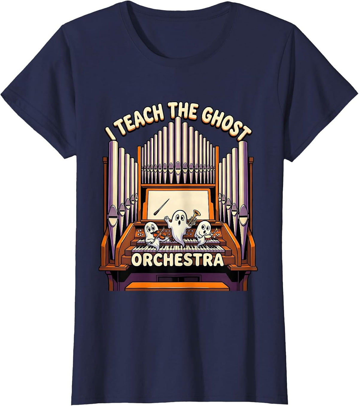 Women's I Teach The Ghost Orchestra Cartoon Halloween Music Teacher T-Shirt - Navy Blue
