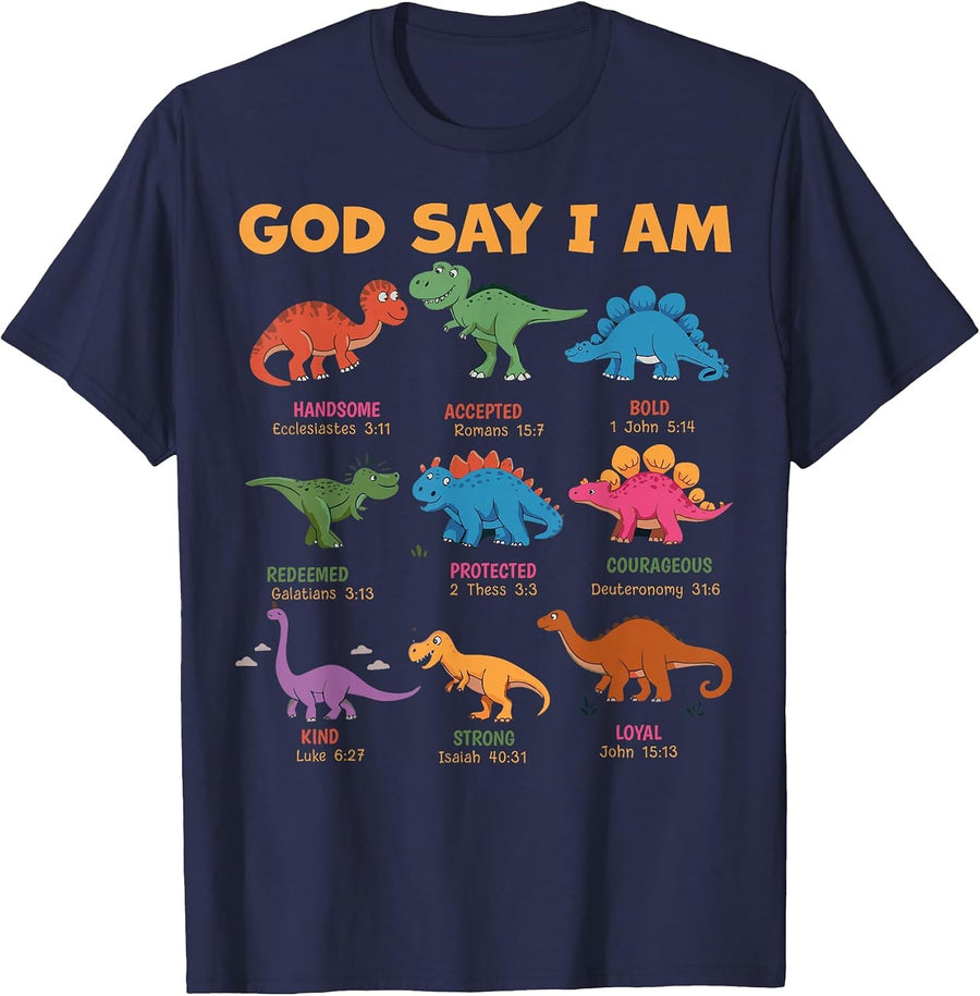 God Says I Am Dinosaur Funny Dino Bible Verse Toddlers Boys T-Shirt - Navy Blue