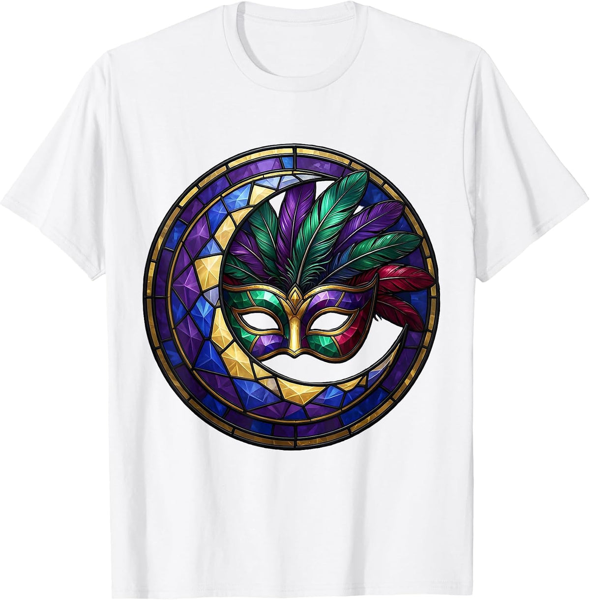 Men's Mardi Gras Crescent Moon Carnival Mask Illustration T-Shirt - White