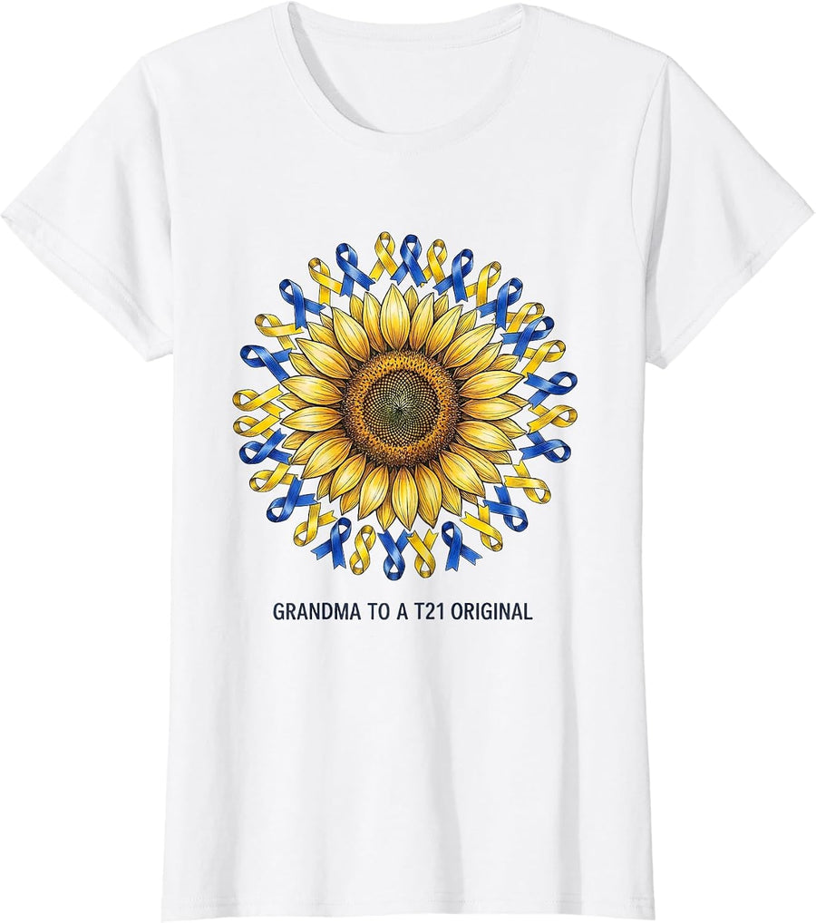 Women's Grandma To A T21 Original Down Syndrome Awareness Sunflower T-Shirt - White