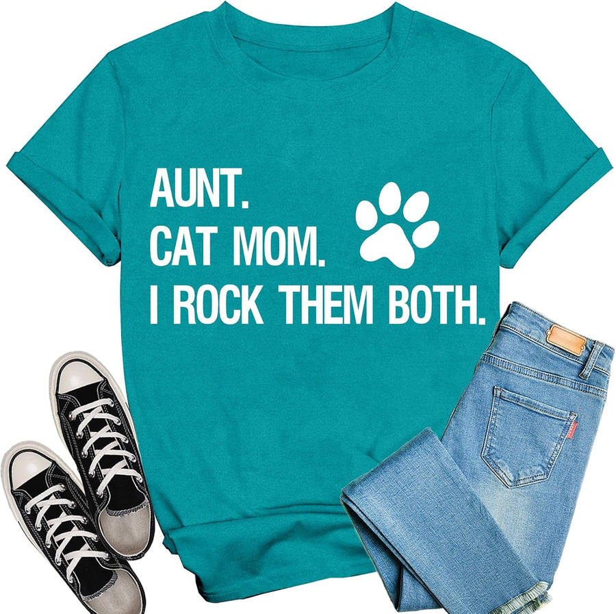 Cat Mom Shirt for Women Aunt Cat I Rock Them Both T-Shirt Kitty Lovers Gifts Paw Tee Tops - Cyan