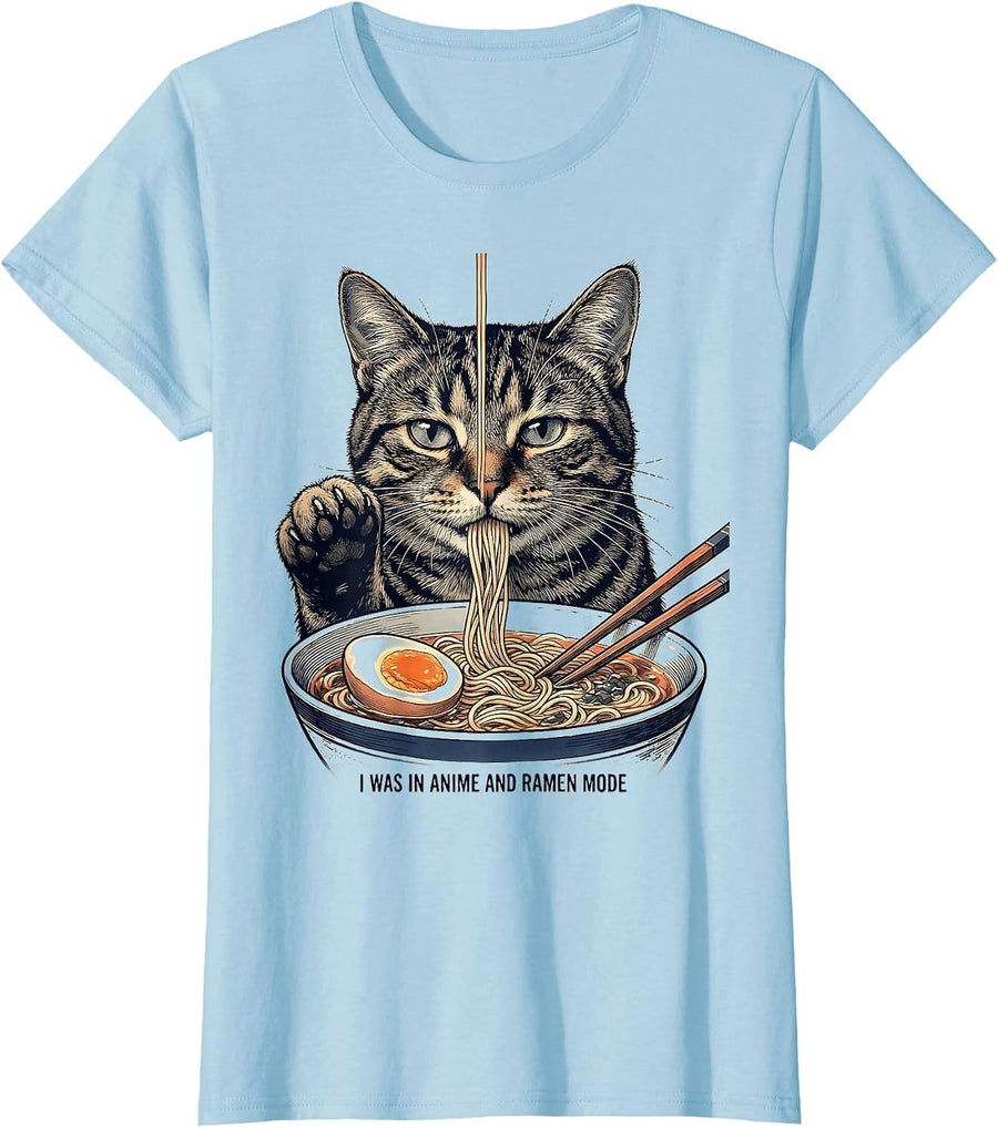 Women's I Was In Anime And Ramen Mode Funny Kawaii Cat Anime Gift T-Shirt - Baby Blue