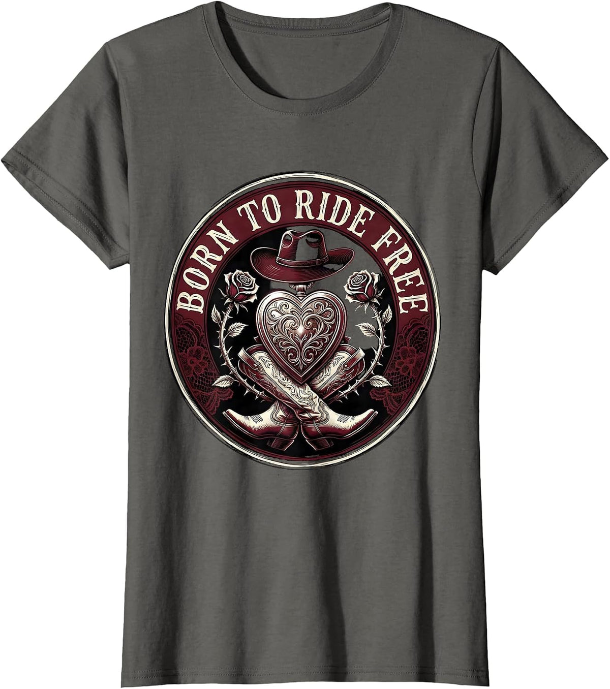 Women's Born to Ride Free Rodeo Cowgirl Design T-Shirt - Asphalt Grey