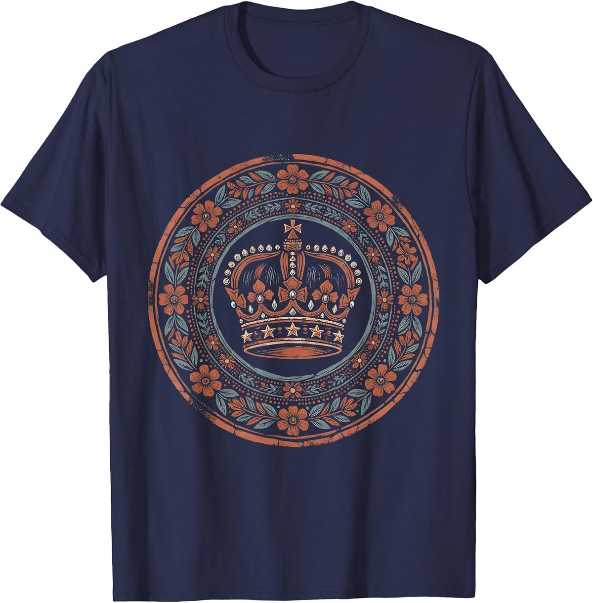 Red White and Blue Crown with Gems and Stars T-Shirt - Navy Blue