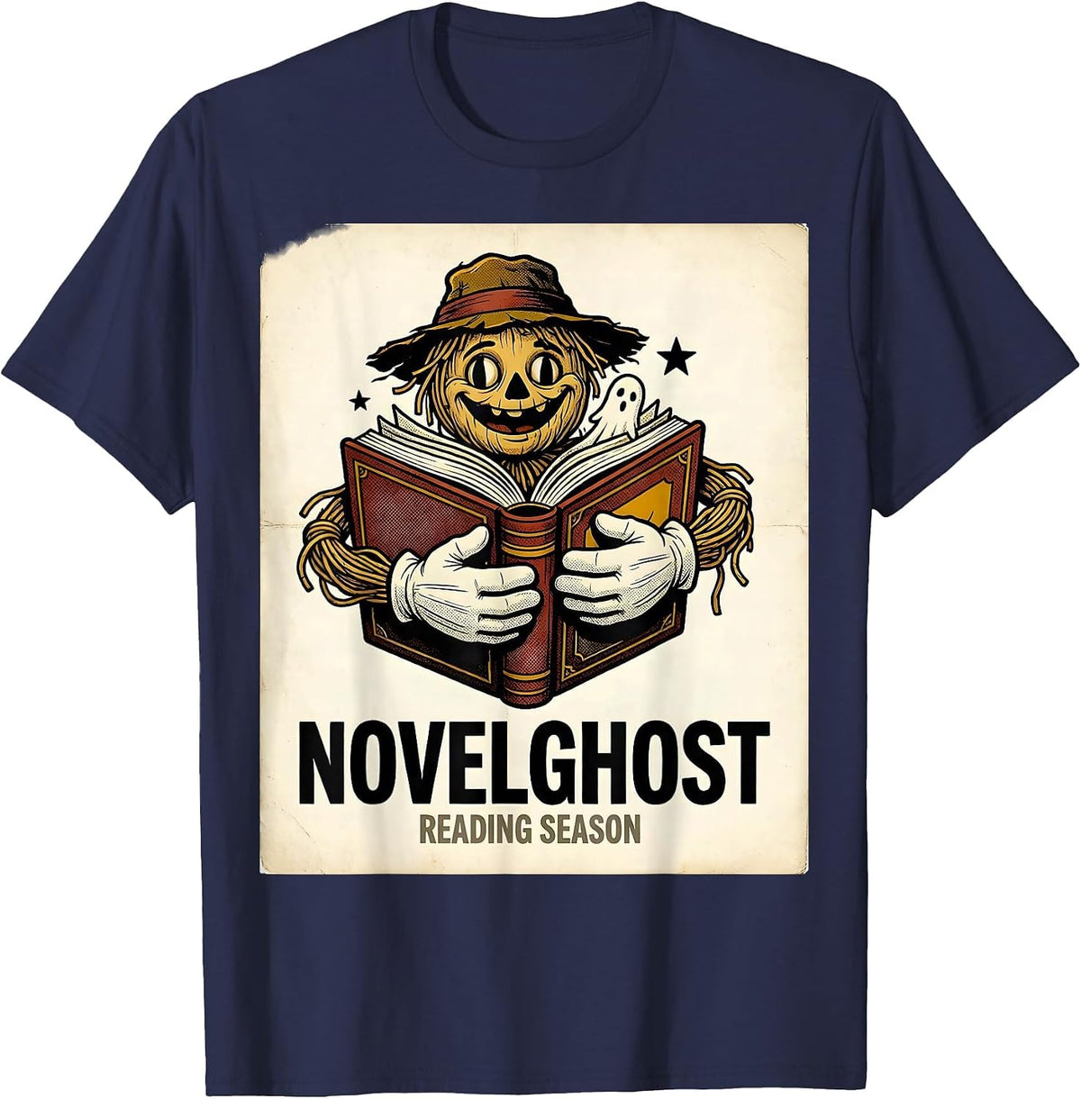 Men's Novelghost Reading Season Retro Cartoon Teacher Book Lover T-Shirt - Navy Blue