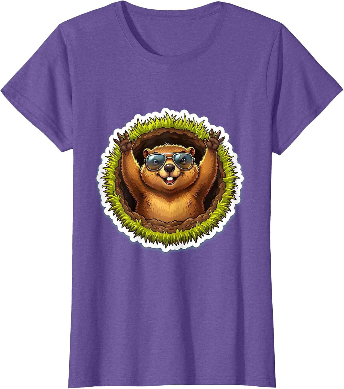 Cool Groundhog Sunglasses Funny Illustration T-Shirt - Purple Heather