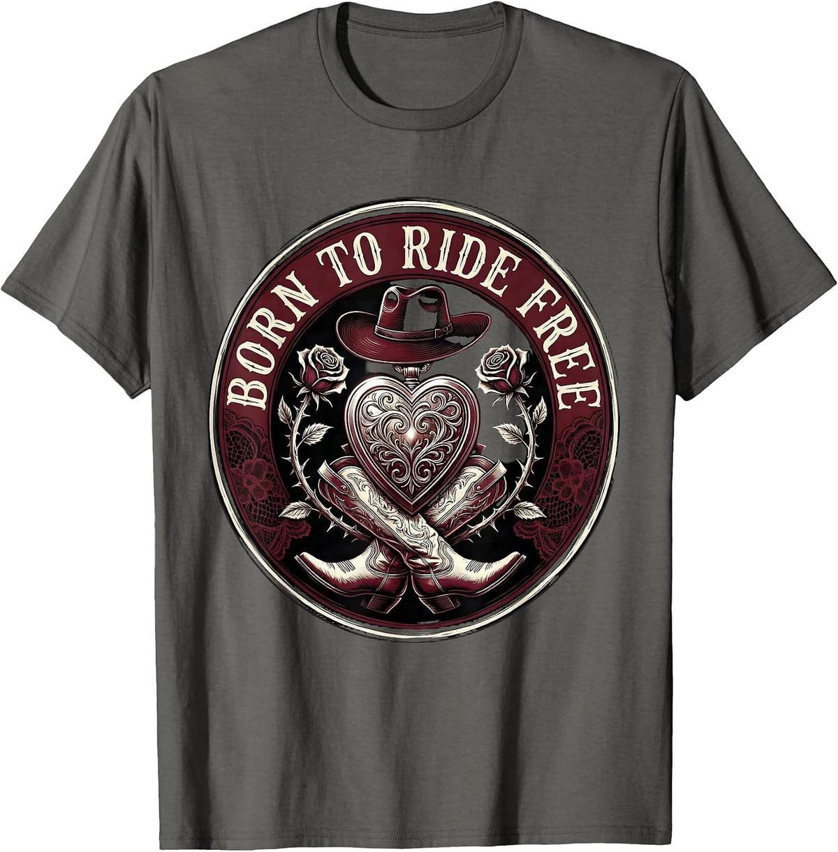Men's Born to Ride Free Rodeo Cowgirl Design T-Shirt - Asphalt Grey