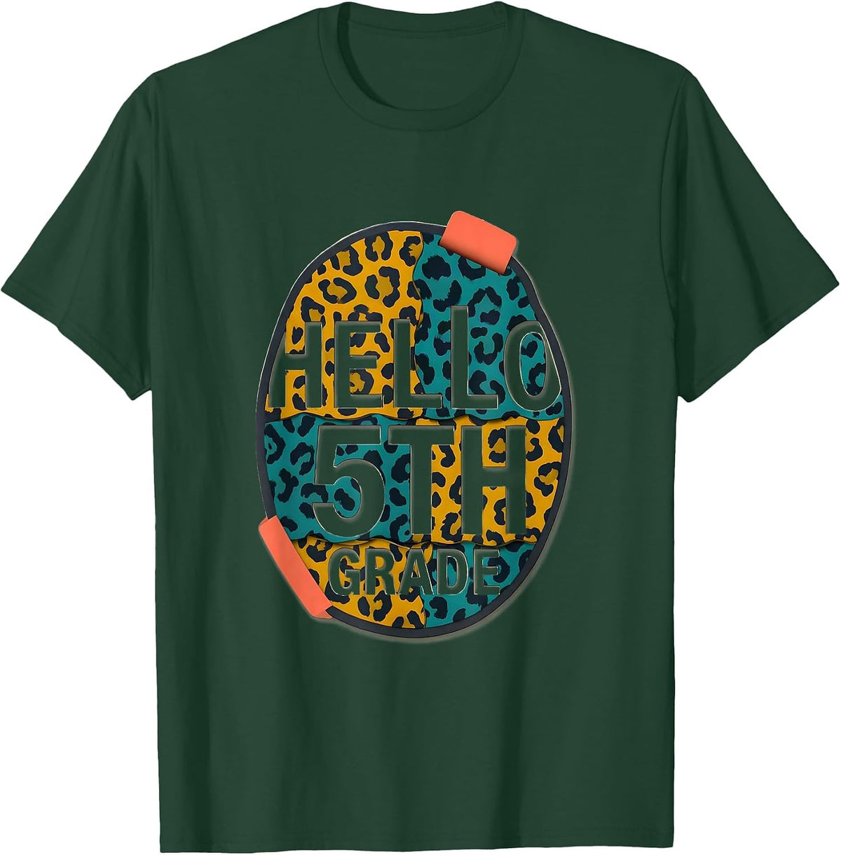 Men's Hello Fifth Grade Midcentury Modern Leopard Teacher Back T-Shirt - Dark Green