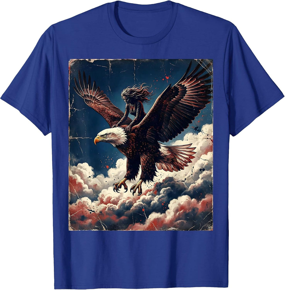 Red White and Blue Bald Eagle Rider Over Clouds T-Shirt - Royal Blue