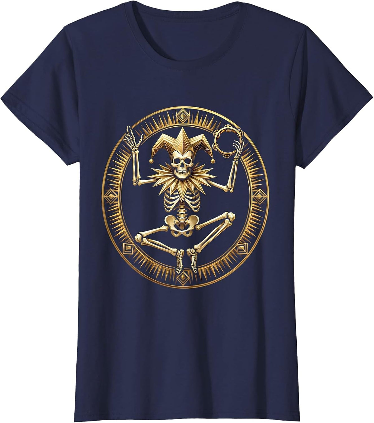 Women's Skeletal Jester Mardi Gras Dancing Tambourine T-Shirt - Navy Blue