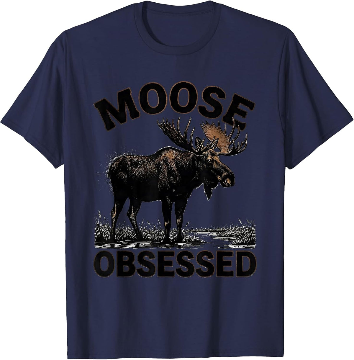 Men's Mooseobsessed Blackwork Dotwork Elk Moose Hunting Wildlife T-Shirt - Navy Blue