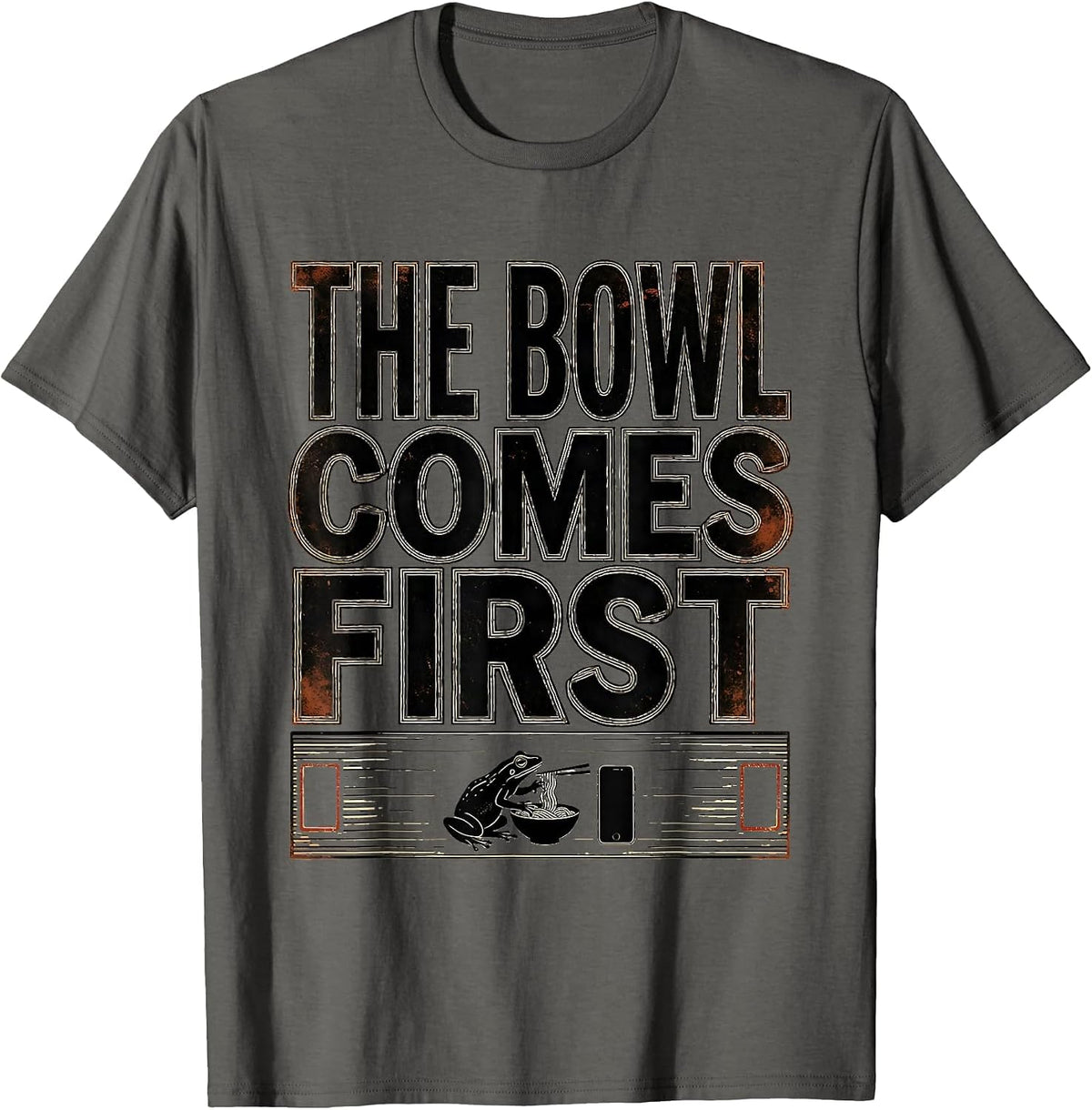 The Bowl Comes First Funny Grumpy Frog Ramen and Scroll T-Shirt - Asphalt Grey