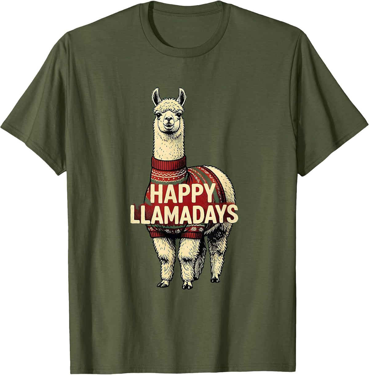 Men's Happy Llamadays Funny Llama Christmas Alpaca Lover Gift T-Shirt - Olive Green