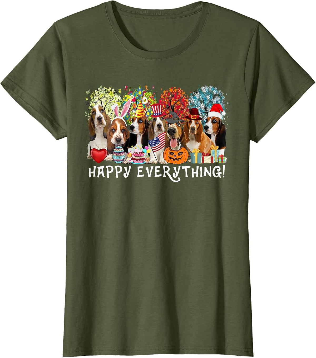 Happy Everything Bassett Hound Dog Seasons All Year Tree Lov T-Shirt - Olive Green