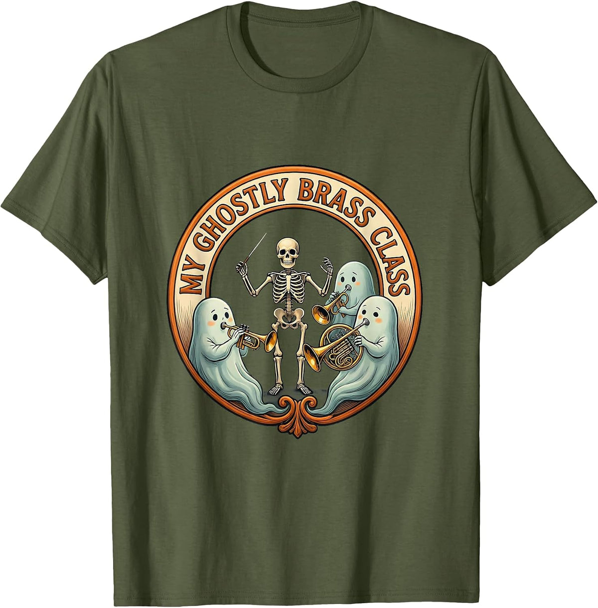 My Ghostly Brass Class Funny Music Teacher Ghost Band T-Shirt - Olive Green