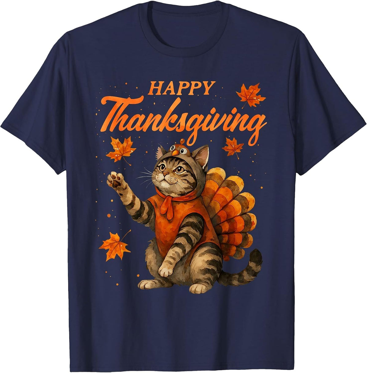 Cute Cat Turkey Happy Thanksgiving Fall Meow Cat Lover T-Shirt - Navy Blue