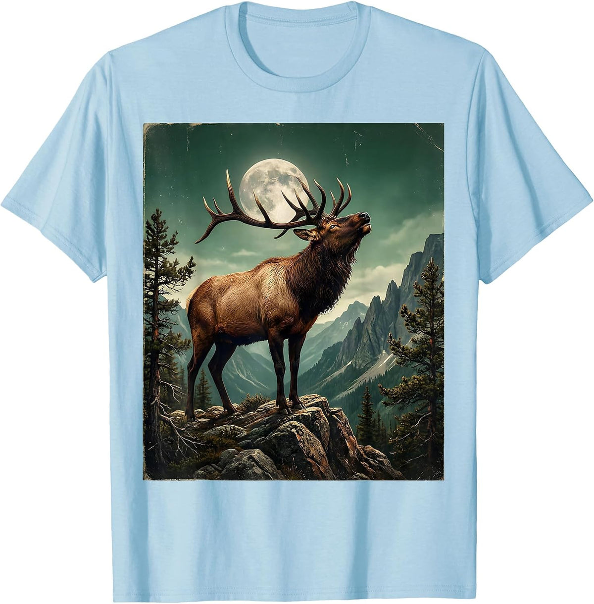 Men's Elk Bugling on Mountain Ridge Wildlife Design T-Shirt - Baby Blue