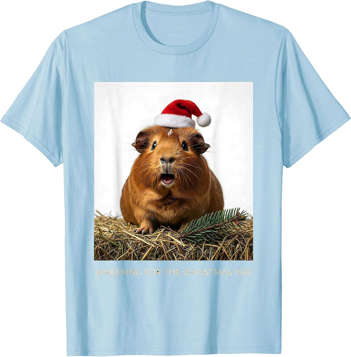 Men's Wheeking For The Christmas Hay Funny Guinea Pig Santa Hat T-Shirt - Baby Blue