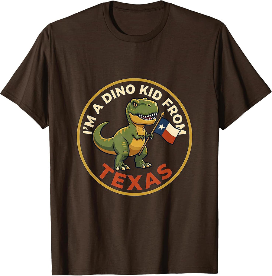 I'm a Dino Kid From Texas Funny Dinosaur Lover Texas Pride T-Shirt - Brown